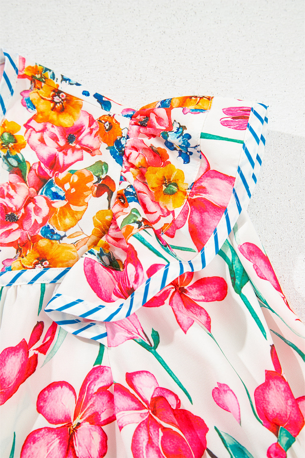 Pink Floral Print Striped Detail Split Neck Short Sleeve Blouse