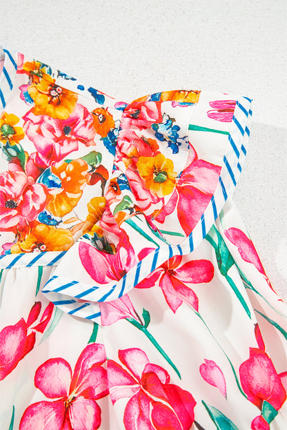 Pink Floral Print Striped Detail Split Neck Short Sleeve Blouse