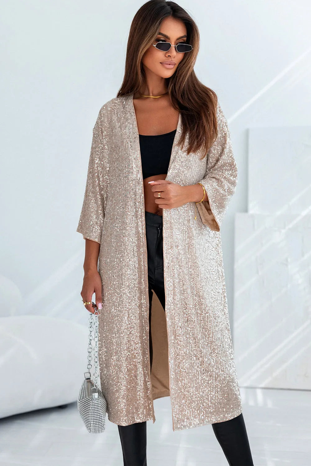 Apricot Sequin 3/4 Sleeve Open Front Duster Kimono - Chic Meadow Boutique 