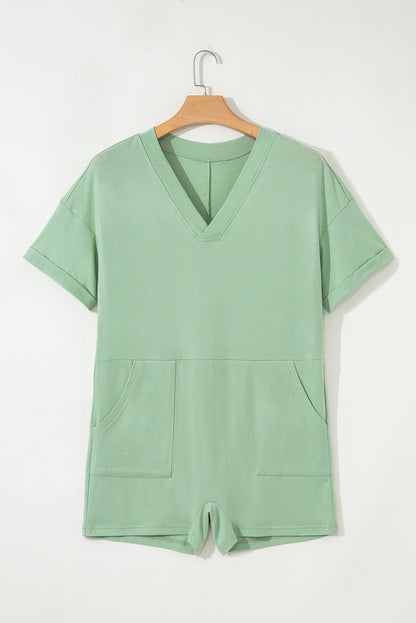 Grass Green Loose Half Sleeve V Neck Knit Romper