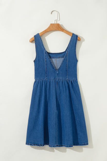 Sail Blue Square Neck Bowknot A-line Sleeveless Denim Dress