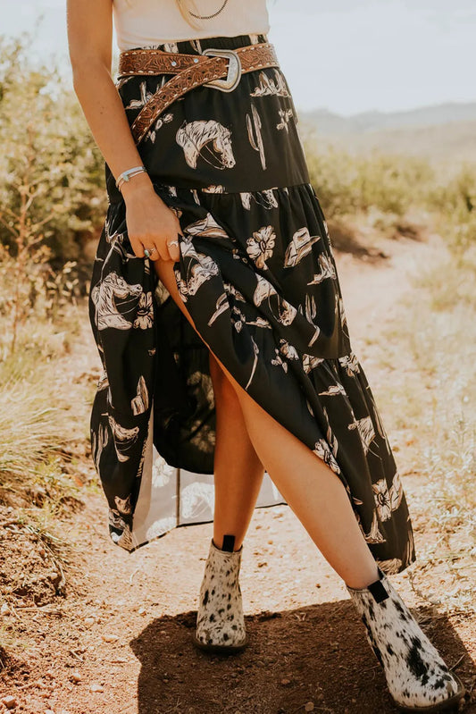 Black Western Print Tiered Ruffled High Waist Maxi Skirt - Chic Meadow Boutique 