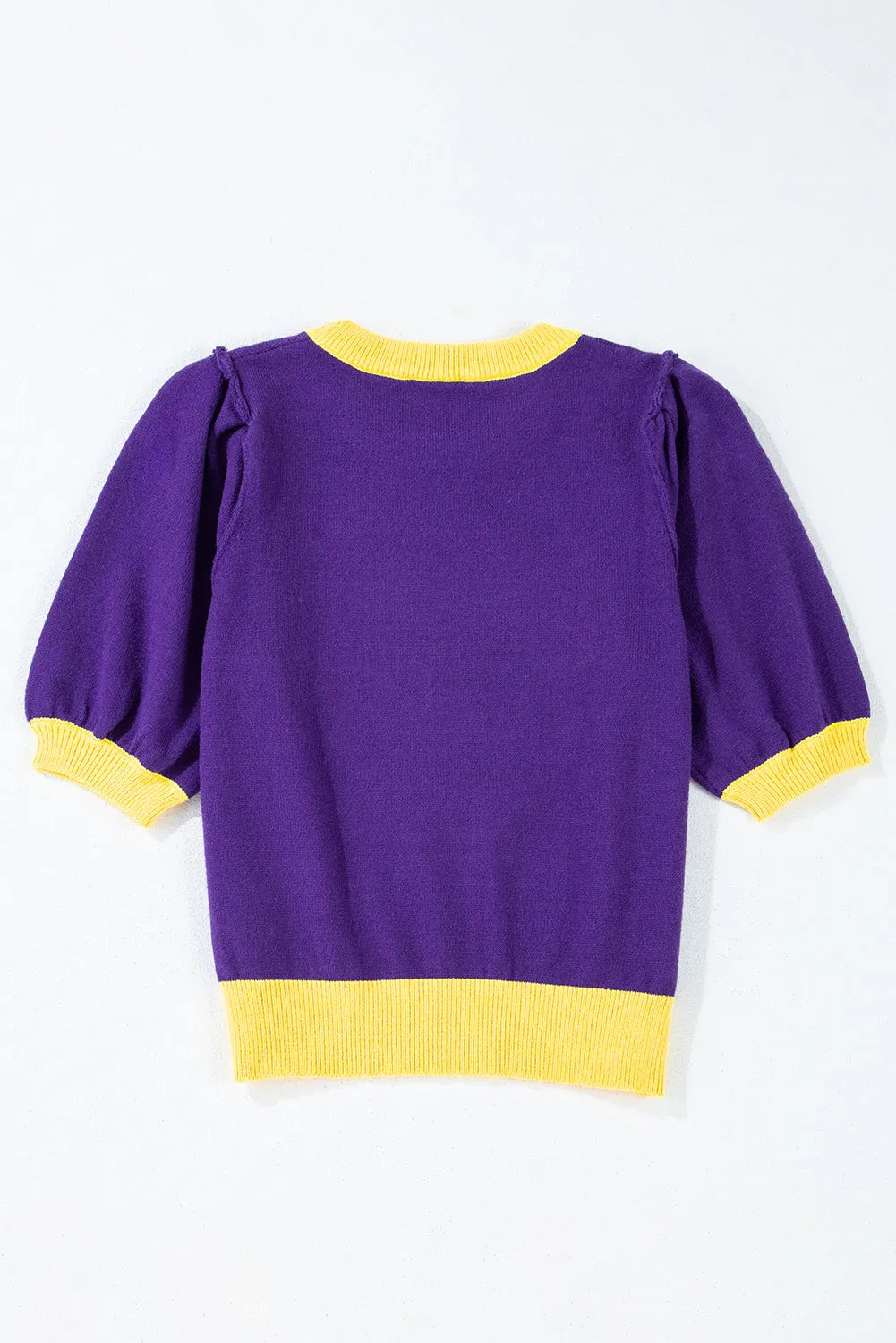 Purple Sequin Rugby Color Block Puff Short Sleeve Sweater - Chic Meadow Boutique 