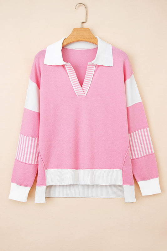 Pink Contrasting Polo Collar Color Block Knit Drop Shoulder Sweater