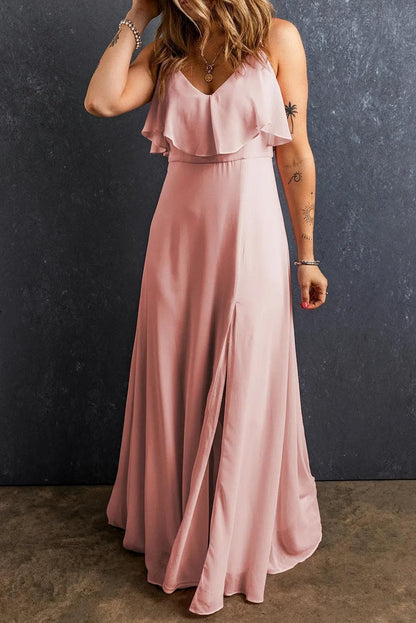 Dresses/Maxi Dresses Light Pink / S / 100%Polyester Light Pink Spaghetti Straps V Neck Ruffled Split Long Dress