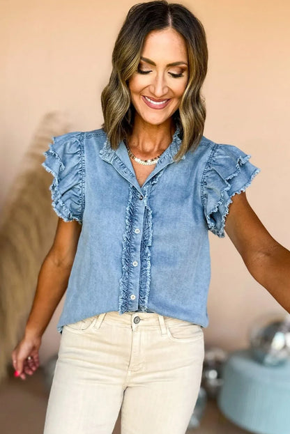 Beau Blue Button Front Ruffled Flutter Frayed Denim Top - Chic Meadow Boutique 