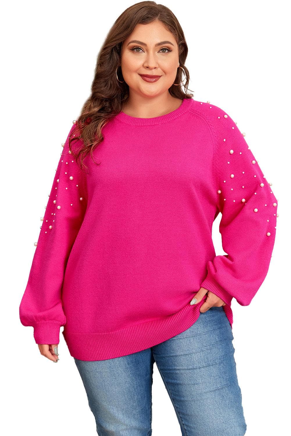 Plus Size/Plus Size Sweaters & Cardigans Strawberry Pink Pearled Decor Raglan Sleeve Plus Size Sweater