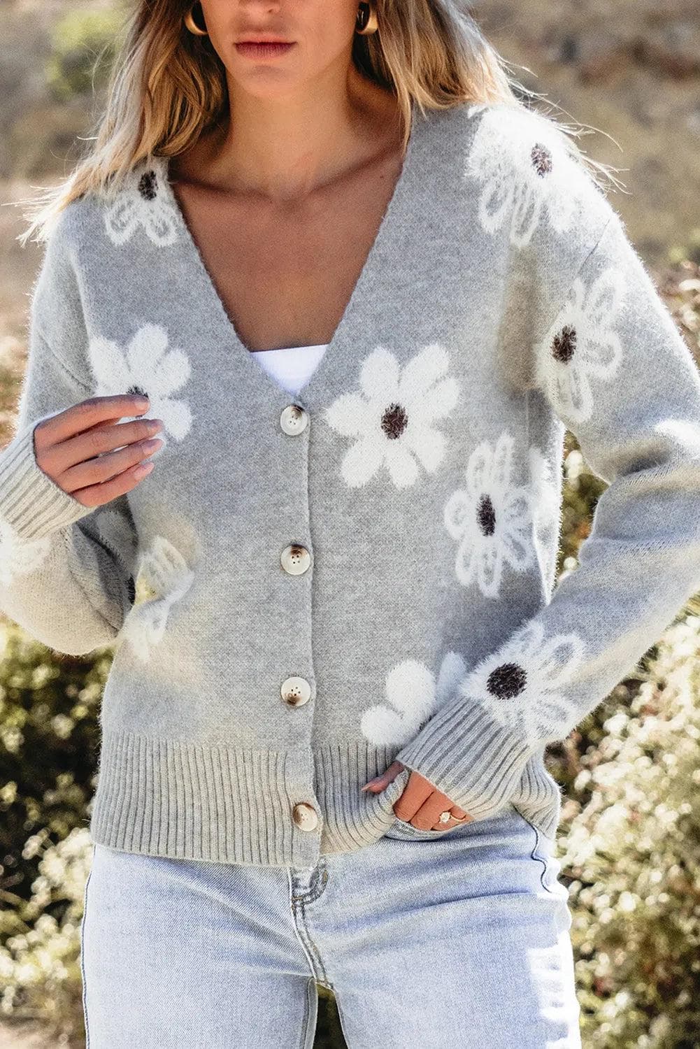 Sweaters & Cardigans/Cardigans Light Grey Floral Print V Neck Knitted Button up Cardigan