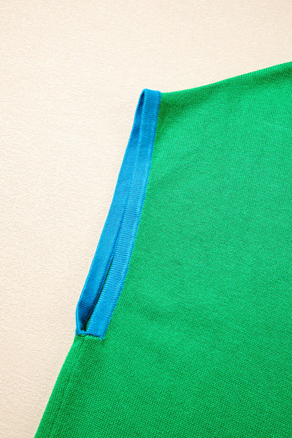 Green Contrast Trim Round Neck Short Sleeve Loose Knit Sweater