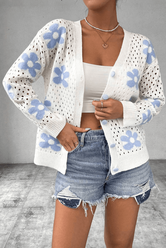 Sweaters & Cardigans/Cardigans White / S / 55%Acrylic+45%Cotton White Flower Knit Hollow Out Open Short Cardigan