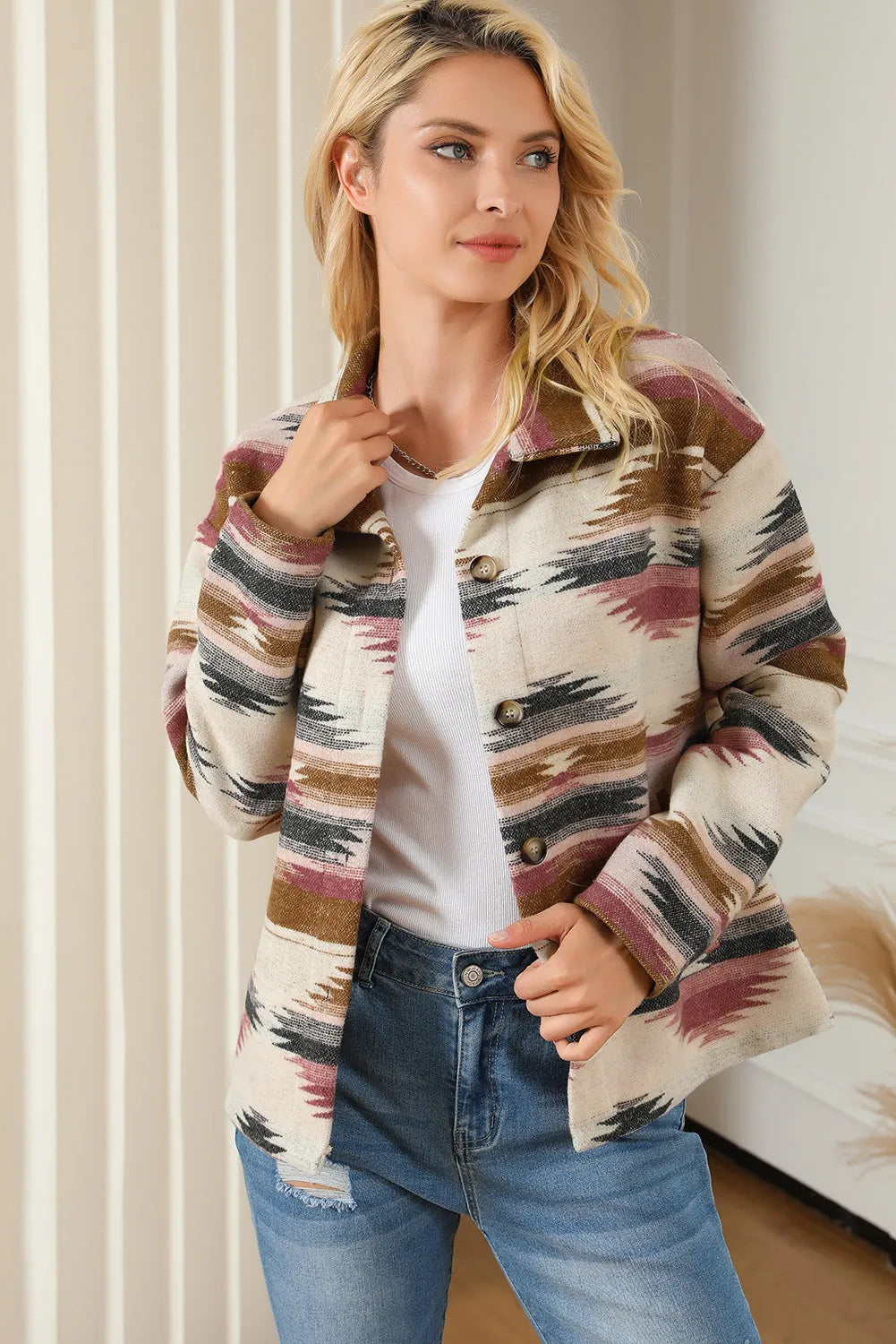 Multicolor Aztec Print Button Up Long Sleeve Jacket - Chic Meadow Boutique 