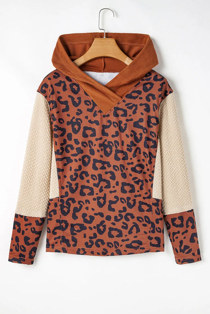 Brown Textured Knit Patchwork Leopard Hoodie - Chic Meadow Boutique 