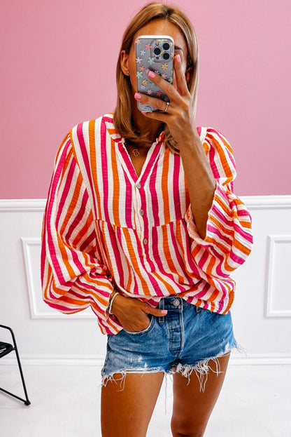 Orange Stripe Balloon Sleeve Notched V Neck Buttoned Front Blouse