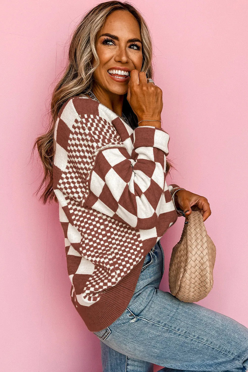 Brown Checkered Print Drop Shoulder Round Neck Sweater - Chic Meadow Boutique 