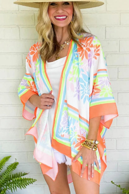 Orange Boho Floral 3/4 Sleeve Split Open Front Kimono - Chic Meadow Boutique 