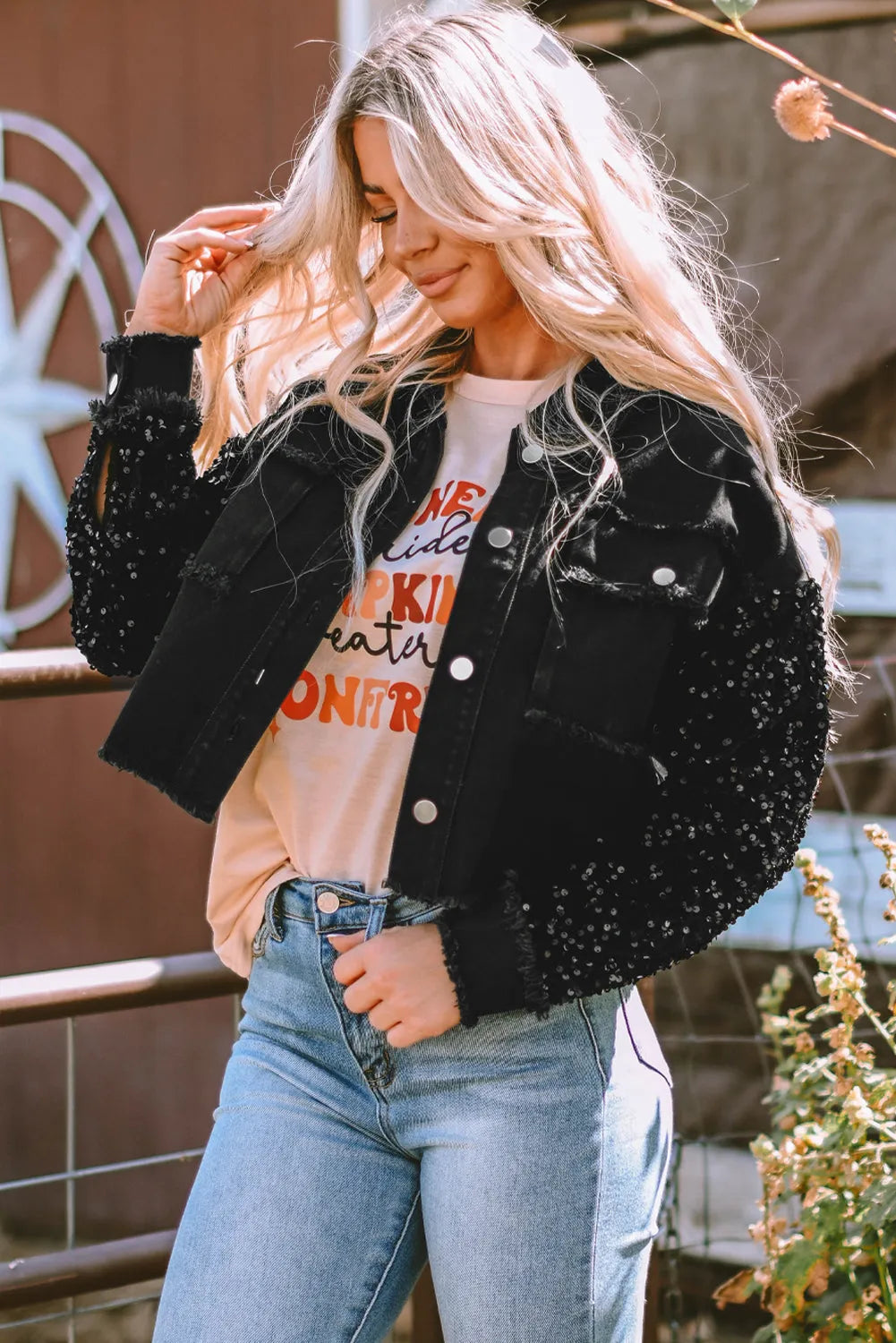 Black Sequin Sleeve Pocketed Raw Hem Denim Jacket - Chic Meadow Boutique 