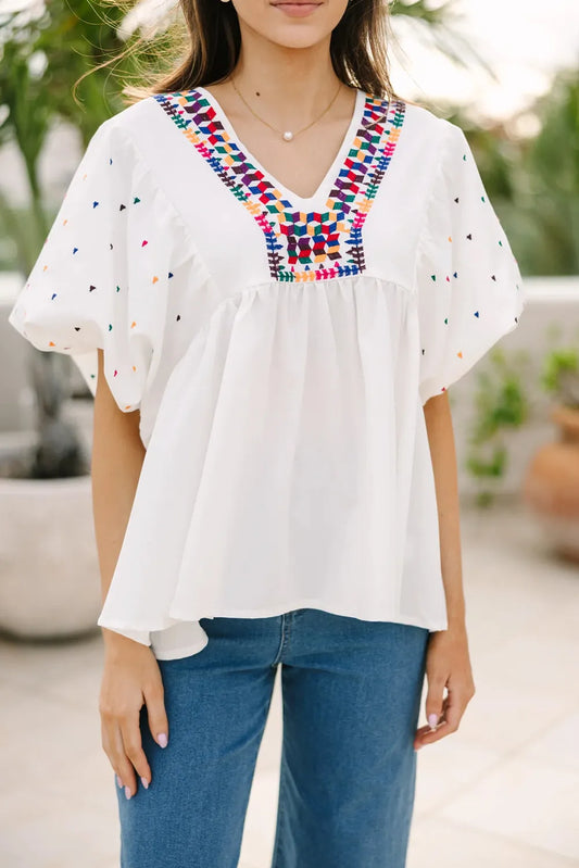 White Embroidered Puff Sleeve V Neck Blouse - Chic Meadow Boutique 