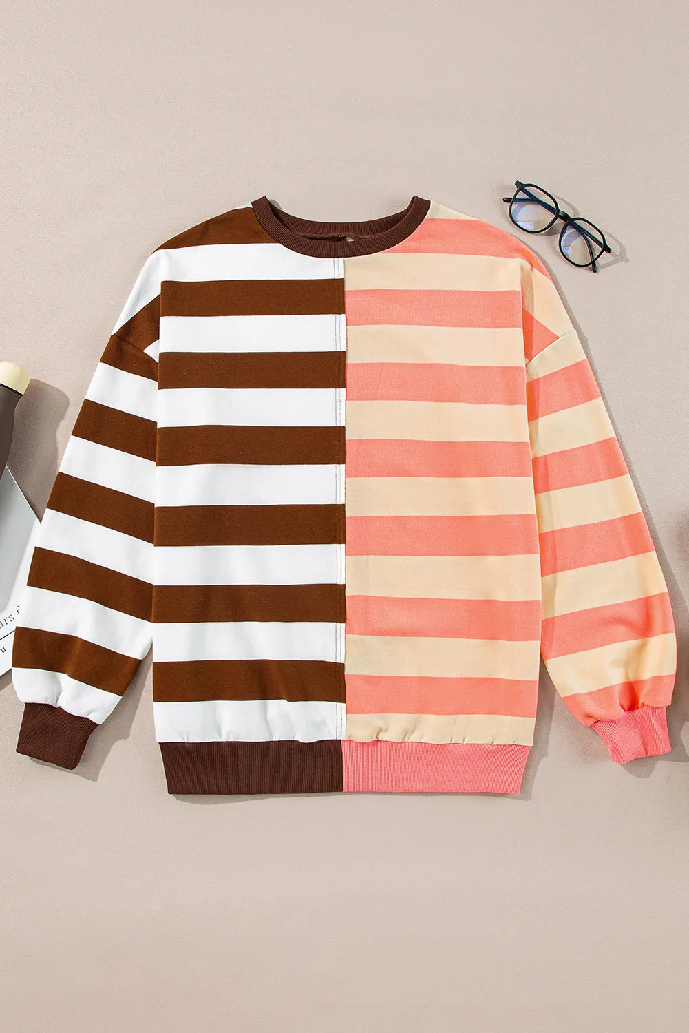 Brown Stripe Color Block Drop Shoulder Pullover Sweatshirt - Chic Meadow Boutique 