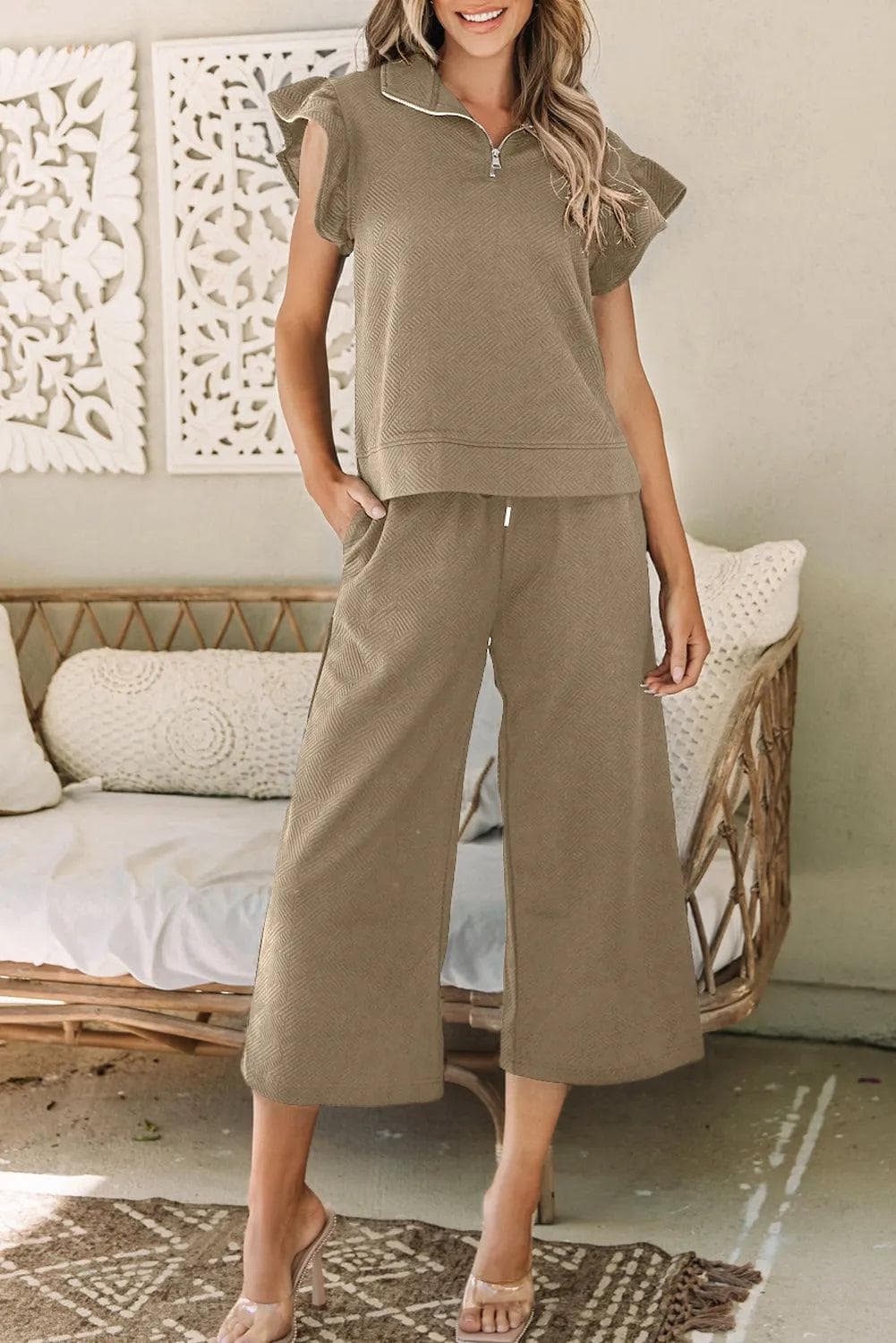 Pale Khaki Textured Flutter Sleeve Top Wide Leg Pants Set - Chic Meadow Boutique 