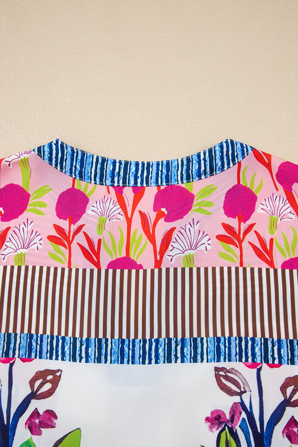 Pink Floral Striped Patchwork Short Sleeve Split Neck Blouse