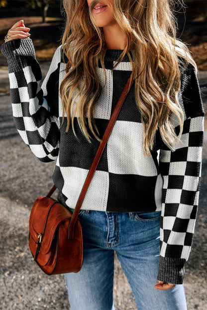 Black Checkered Print Drop Shoulder Sweater - Chic Meadow Boutique 