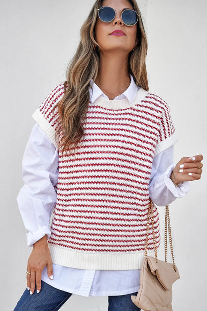 Red Stripe Ribbed Trim Loose Fit Knitted Sweater Vest - Chic Meadow Boutique 