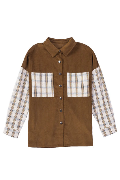 Brown Plaid Patchwork Corduroy Shirt Jacket with Pocket - Chic Meadow Boutique 