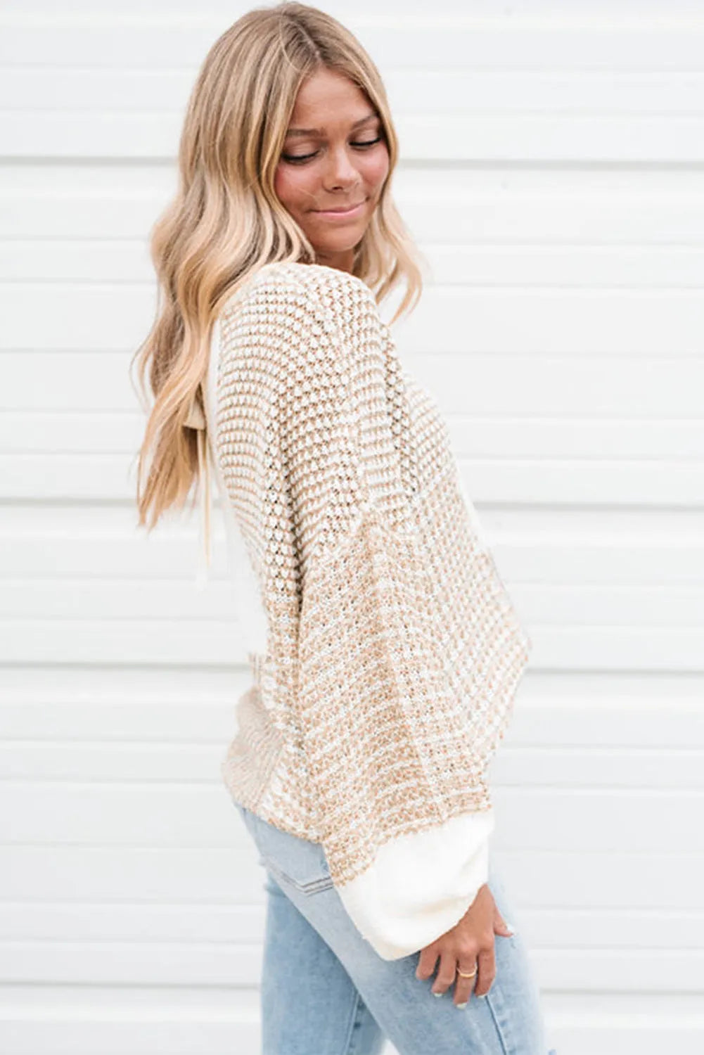 Oatmeal Mixed Pattern Knit Tie Keyhole Drop Shoulder Sweater - Chic Meadow Boutique 