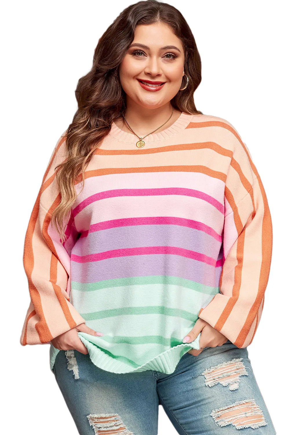 Pink Stripe Color Block Balloon Sleeve Crewneck Plus Size Sweater - Chic Meadow Boutique 