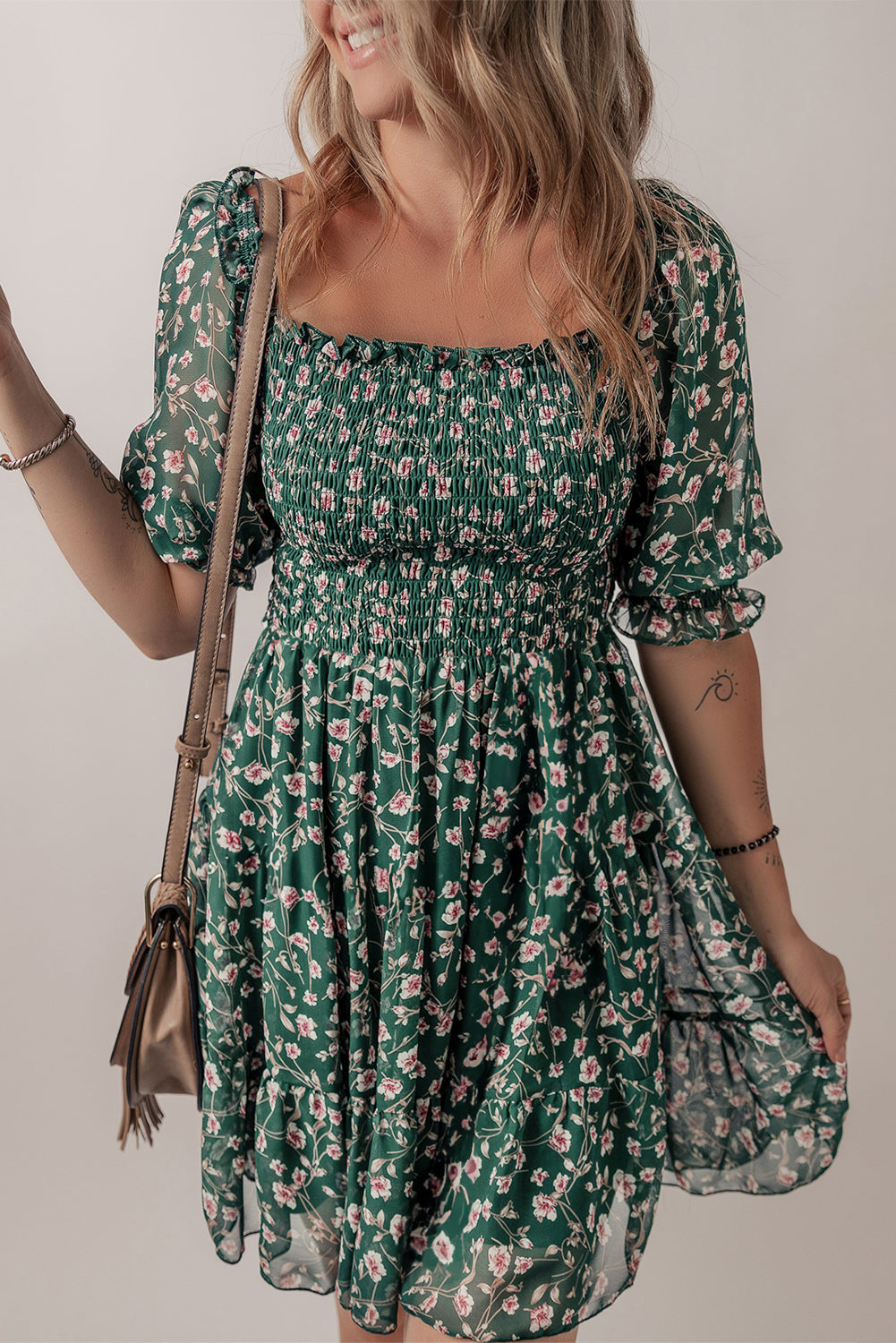 Green Smocked Square Neck Puff Short Sleeve Floral Dress