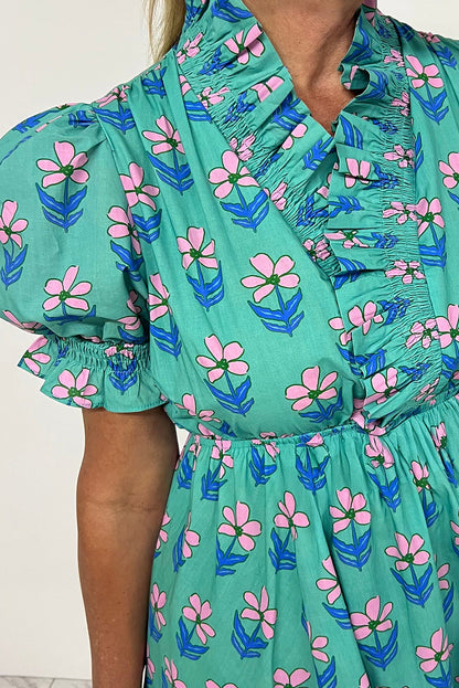 Green Floral Print Frilly Smocked Detail High Waist Mini Dress