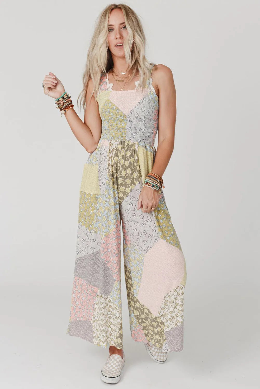 Multicolor Irregular Patchwork Print Smocked Wide Leg Jumpsuit - Chic Meadow Boutique 