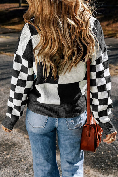 Black Checkered Print Drop Shoulder Sweater - Chic Meadow Boutique 