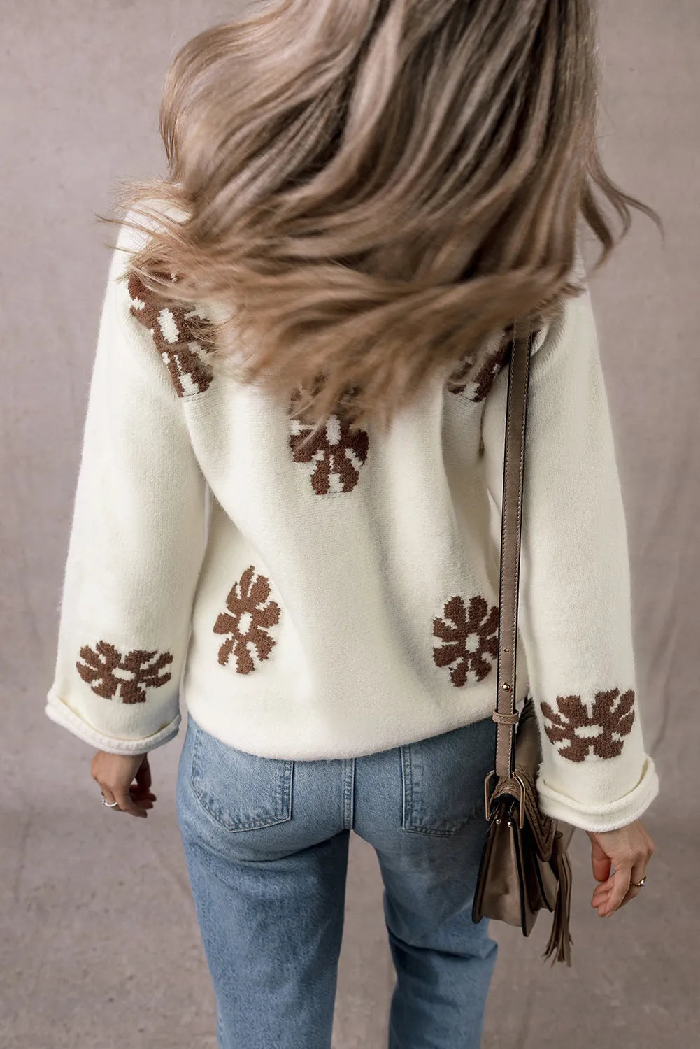 White Colorblock Floral Pattern Round Neck Sweater - Chic Meadow Boutique 