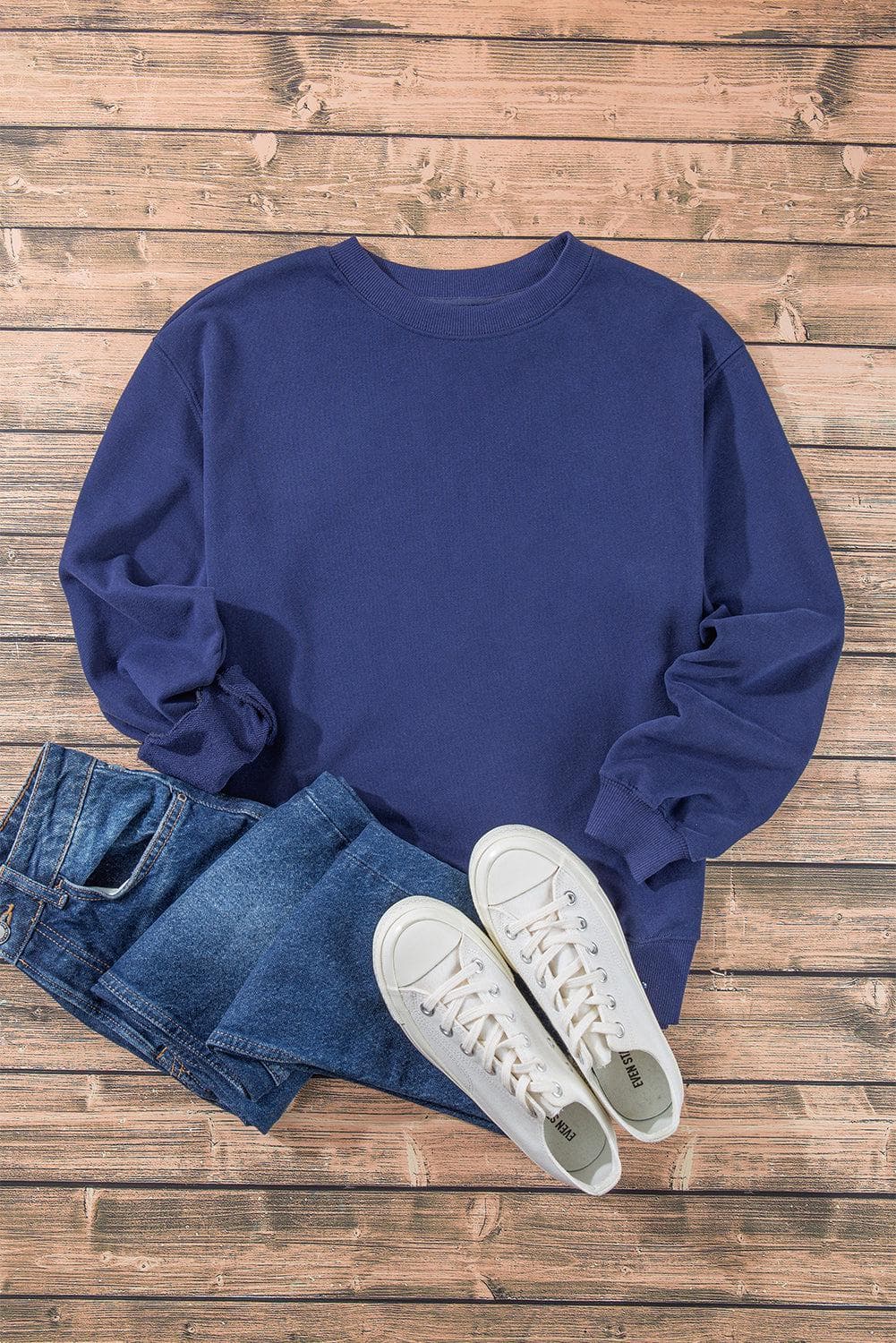 Tops/Sweatshirts & Hoodies Navy Blue Plain Drop Shoulder Crewneck Pullover Sweatshirt