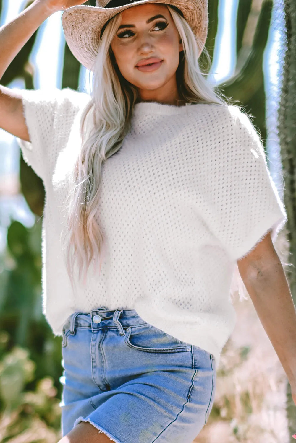 White Fuzzy Eyelet Knitted Sweater T-shirt - Chic Meadow Boutique 