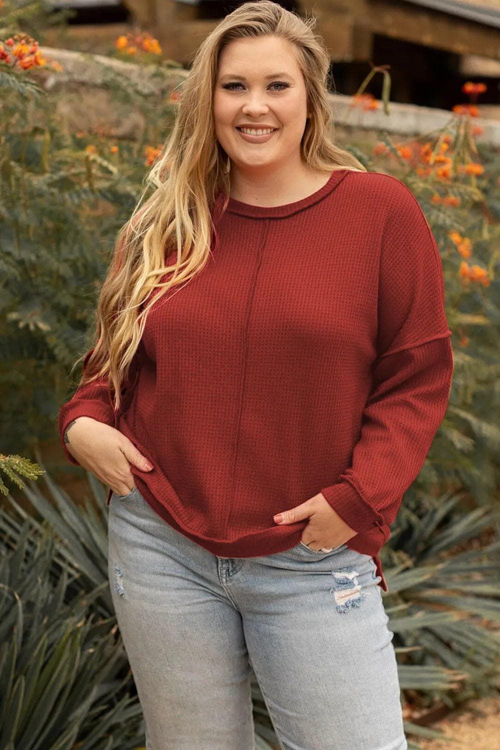 Plus Size/Plus Size Tops/Plus Size Long Sleeve Tops Gold Flame Exposed Seam Detail Waffle Knit Plus Size Top