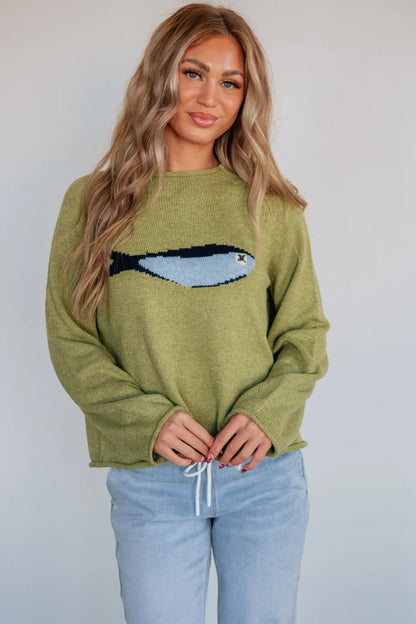Meadow Mist Green Unique Fish Knit Oversized Round Neck Sweater