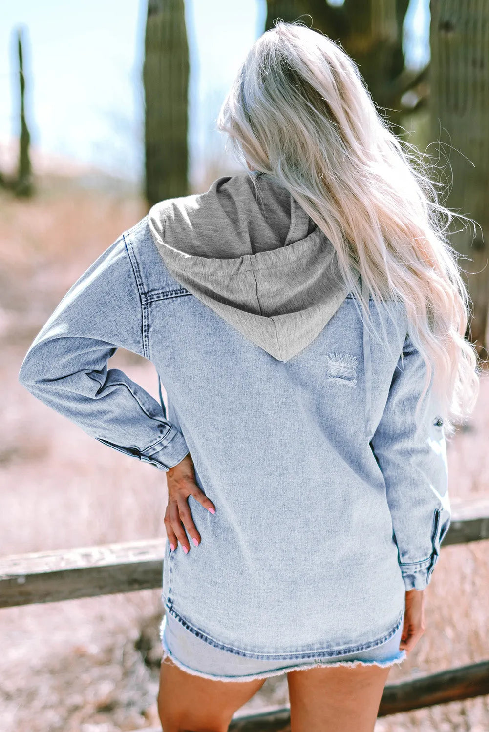 Mist Blue Oversized Contrast Hooded Denim Jacket - Chic Meadow Boutique 