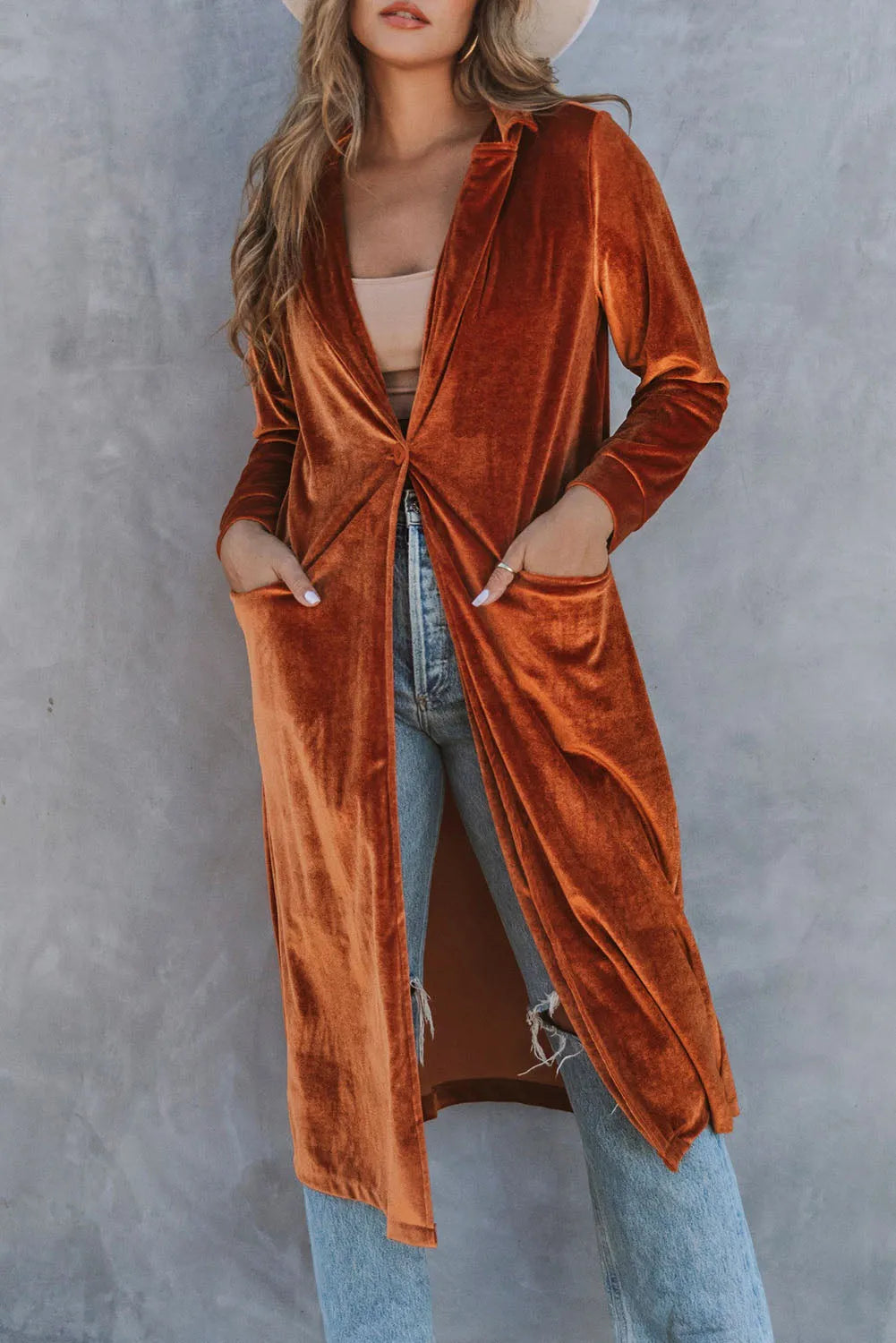 Brown Retro Velvet Long Sleeve Pocket Coat - Chic Meadow Boutique 