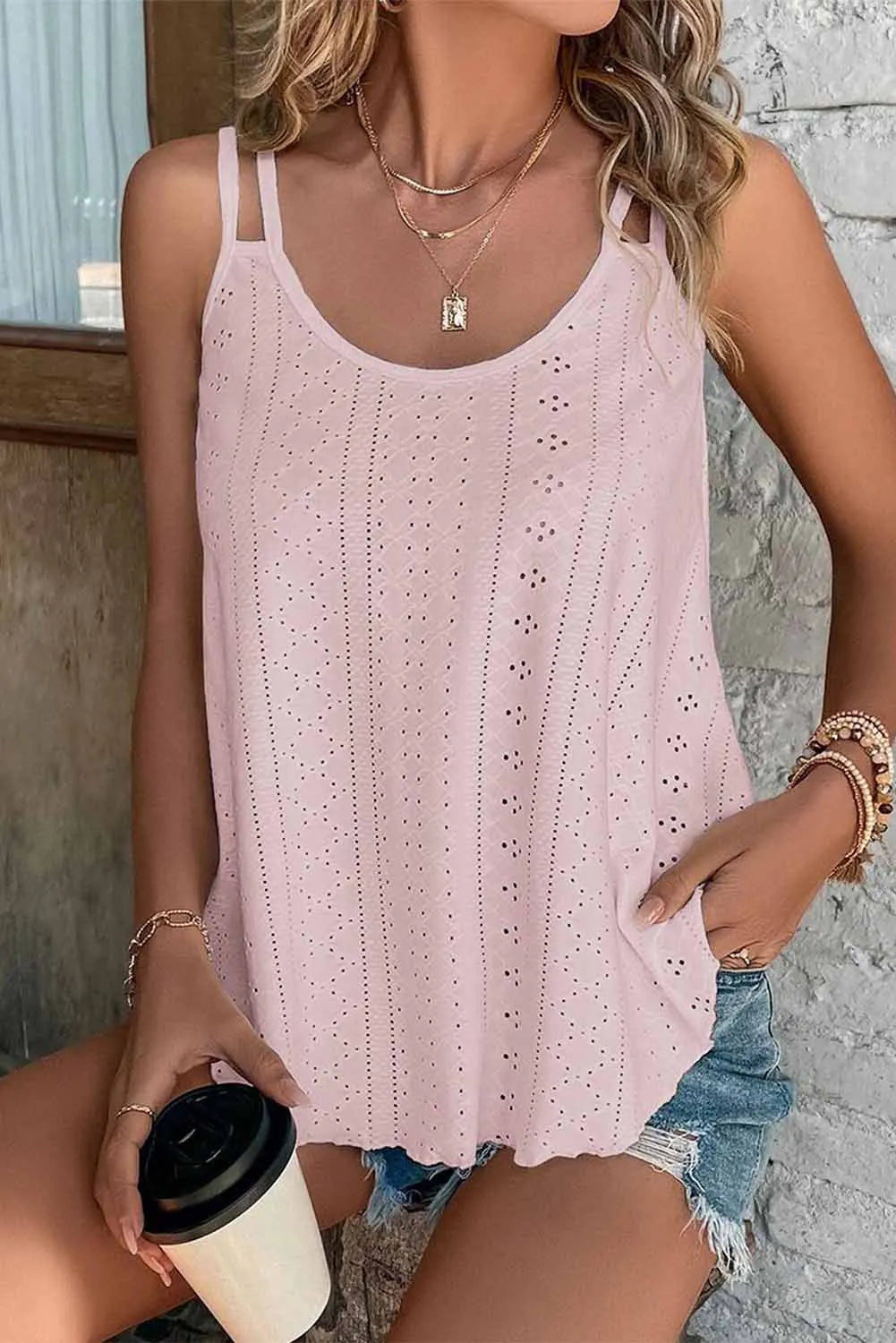 Pink Eyelet Strappy Scoop-Neck Tank Top - Chic Meadow Boutique 