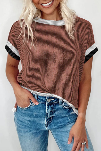 Coffee Textured Contrast Trim Round Neck T Shirt - Chic Meadow Boutique 