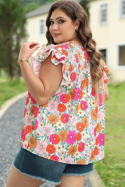 Plus Size/Plus Size Tops/Plus Size Blouses & Shirts Multicolour Plus Floral Notched Neck Ruffle Sleeve Blouse