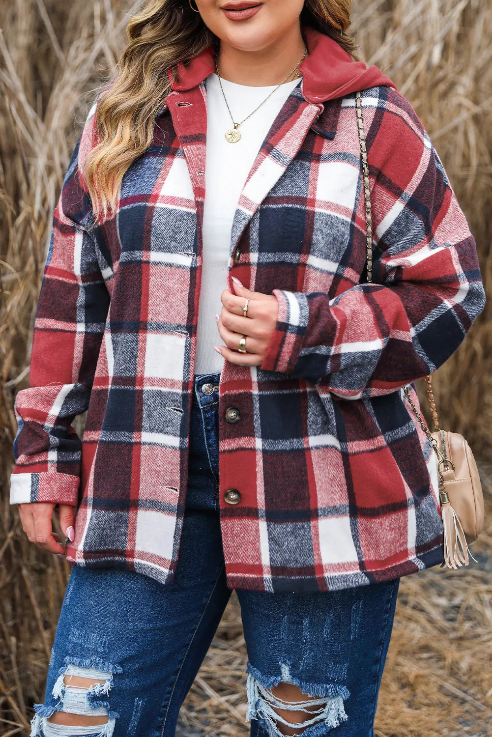 Red Printed Plus Size Plaid Button up Hooded Jacket - Chic Meadow Boutique 