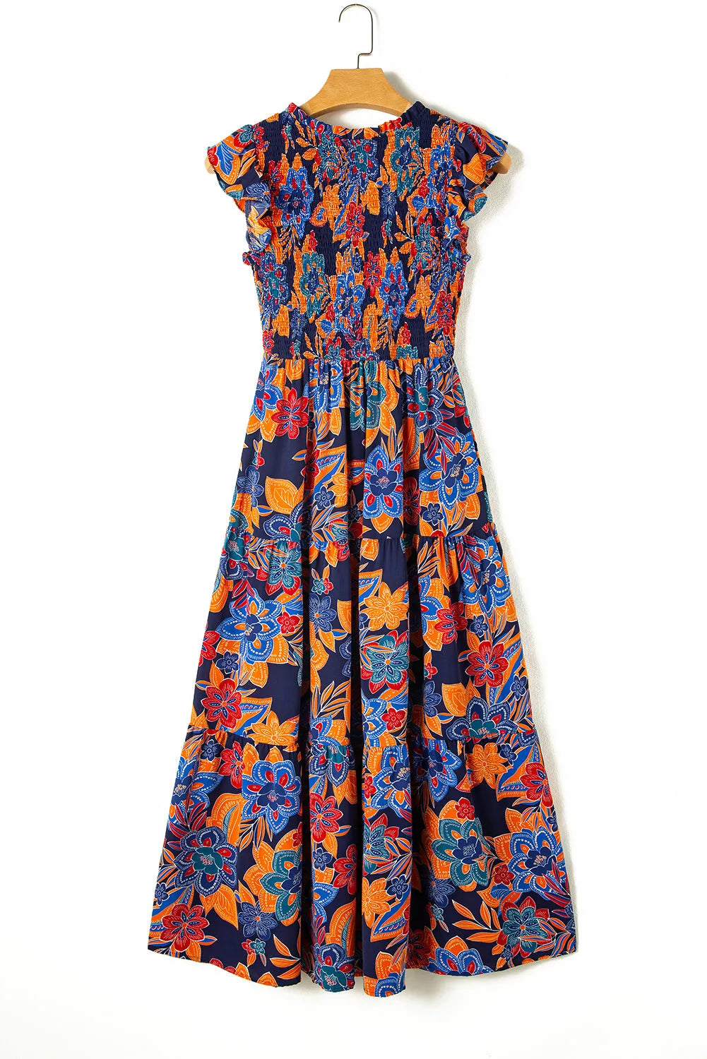 Dark Blue Boho Floral V Neck Ruffle Tiered Long Dress - Chic Meadow Boutique 