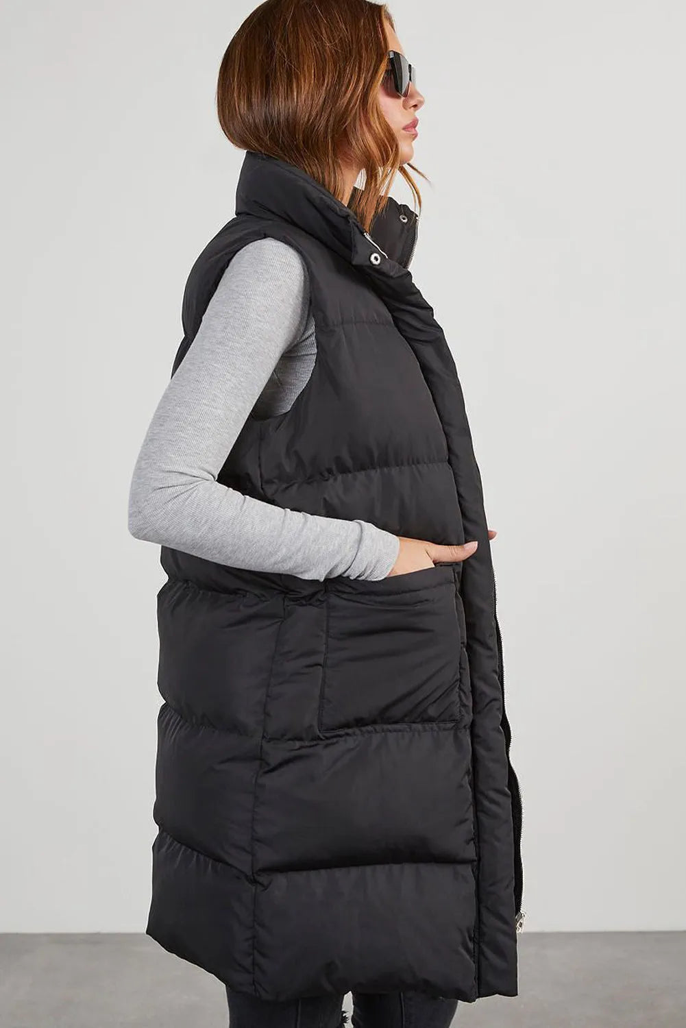 Black Windproof Longline Full Zipper Puffer Vest with Pockets - Chic Meadow Boutique 