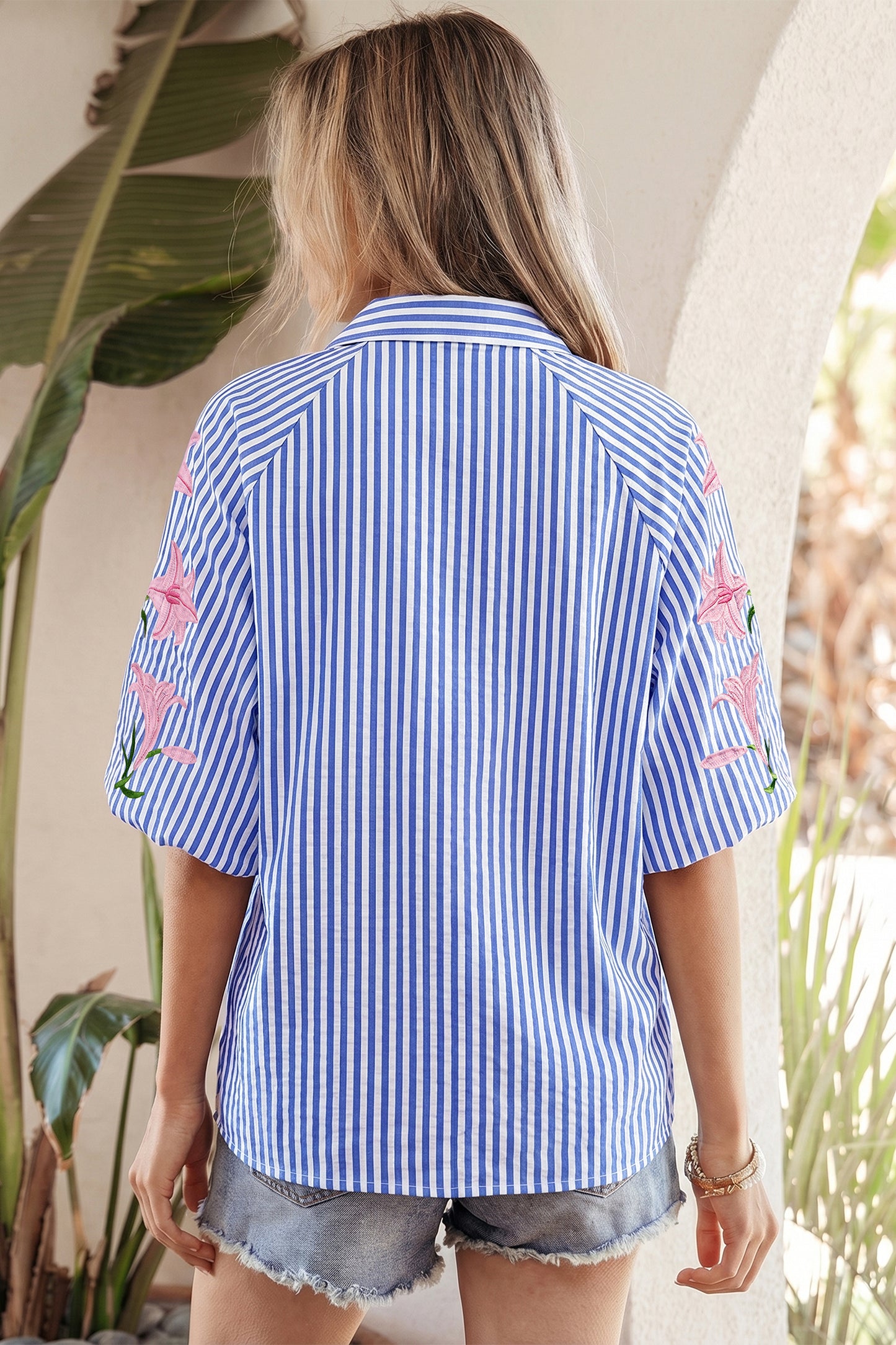 Sky Blue Stripe Lily Floral Embroidered Puff Sleeve Button Down Shirt