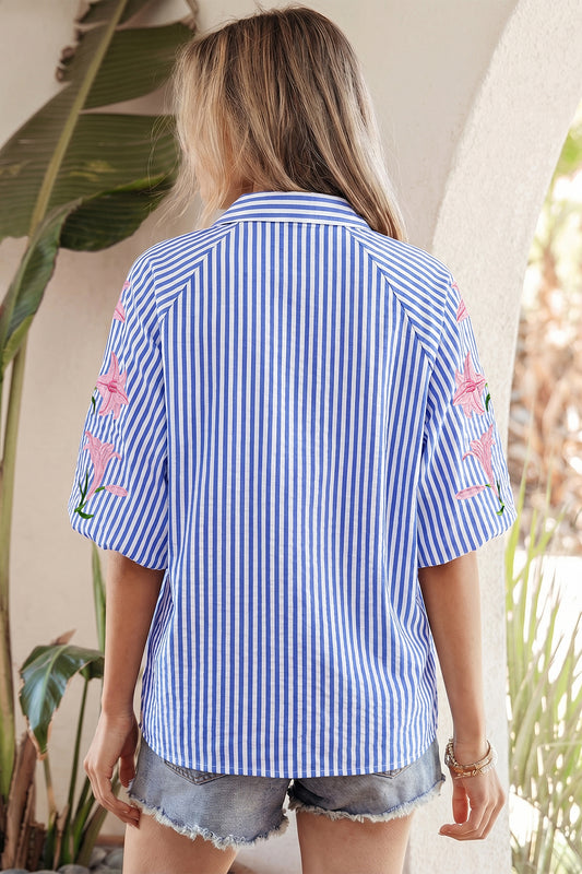 Sky Blue Stripe Lily Floral Embroidered Puff Sleeve Button Down Shirt