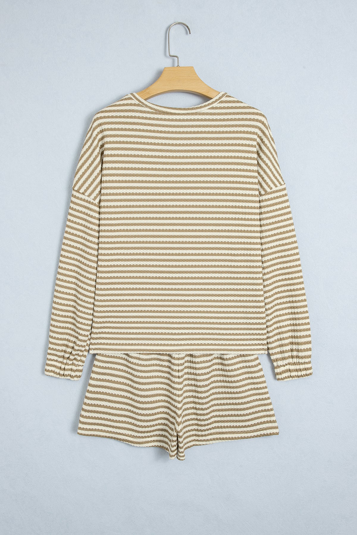 Brown Stripe Textured Knit Long Sleeve Top Elastic Waist Shorts Casual Outfit