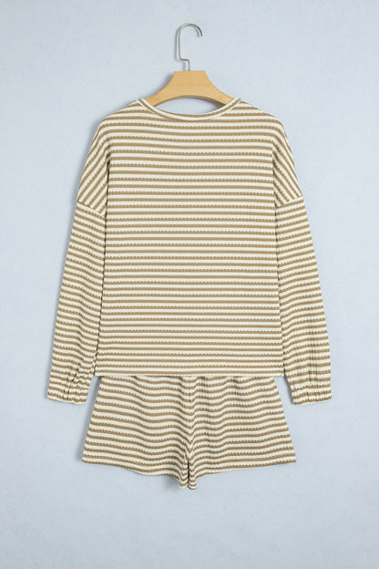 Brown Stripe Textured Knit Long Sleeve Top Elastic Waist Shorts Casual Outfit